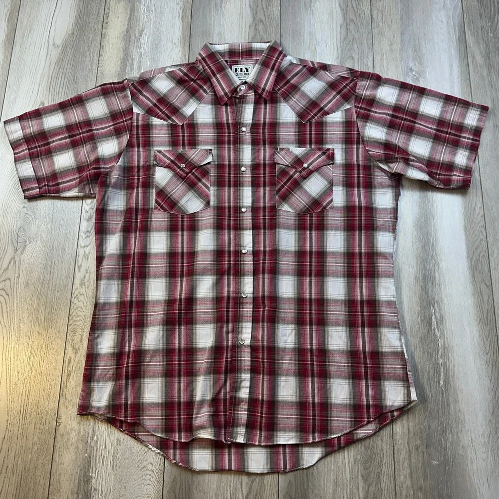 Ely Cattleman Western Shirt Mens Large Red White Pearl Snap Plaid Short Sleeve